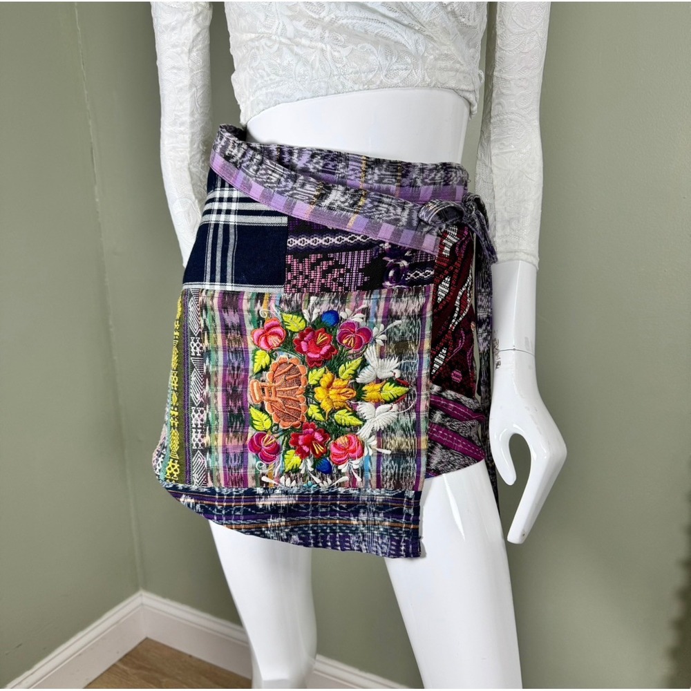 Handmade‎ Patchwork Wrap Mini Skirt – Floral Embroidery – Cotton – Guatemala